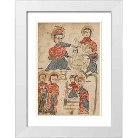 Bathing the Christ Child and The Presentation in the Temple White Modern Wood Framed Art Print with Double Matting by Unknown 14th Century Illuminator