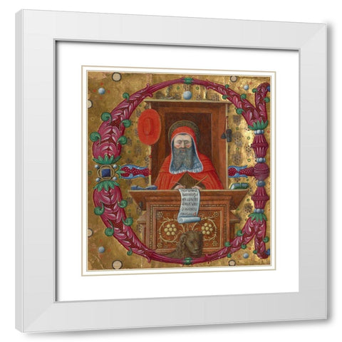 Initial E:  Saint Jerome in His Study White Modern Wood Framed Art Print with Double Matting by Unknown 15th Century Italian Illuminator