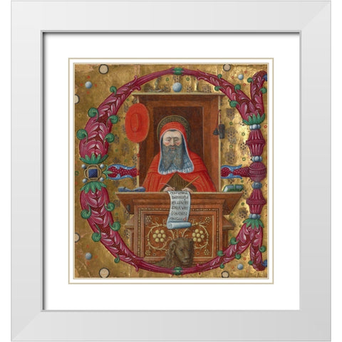 Initial E:  Saint Jerome in His Study White Modern Wood Framed Art Print with Double Matting by Unknown 15th Century Italian Illuminator