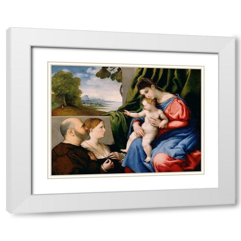 Madonna and Child with Two Donors White Modern Wood Framed Art Print with Double Matting by Lotto, Lorenzo