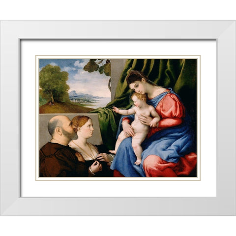 Madonna and Child with Two Donors White Modern Wood Framed Art Print with Double Matting by Lotto, Lorenzo