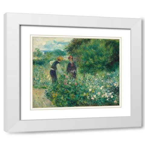 Picking Flowers White Modern Wood Framed Art Print with Double Matting by Renoir, Pierre-Auguste