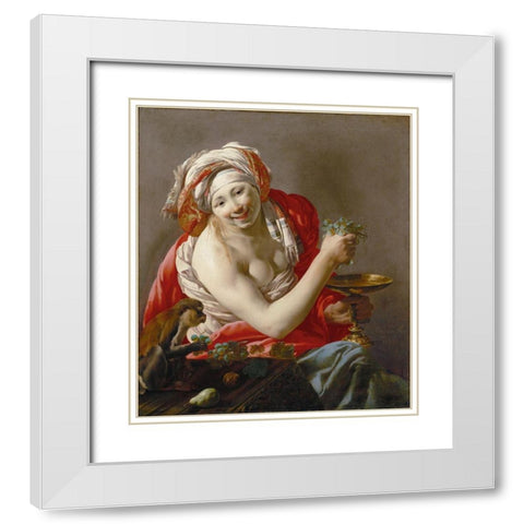 Bacchante with an Ape White Modern Wood Framed Art Print with Double Matting by ter Brugghen, Hendrick