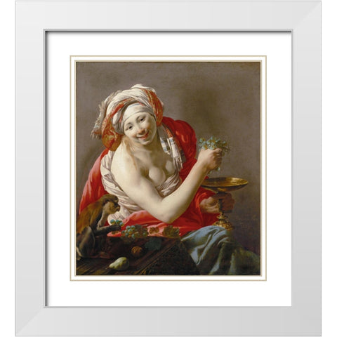 Bacchante with an Ape White Modern Wood Framed Art Print with Double Matting by ter Brugghen, Hendrick