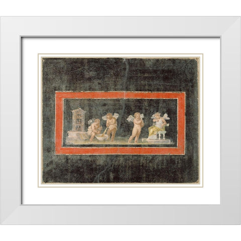Fresco Fragment with Cupids and Psyche Making Perfume White Modern Wood Framed Art Print with Double Matting by Unknown 1st Century Roman Artisan