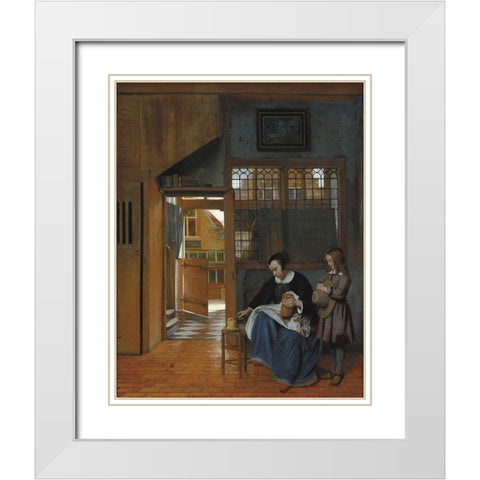 A Woman Preparing Bread and Butter for a Boy White Modern Wood Framed Art Print with Double Matting by de Hooch, Pieter