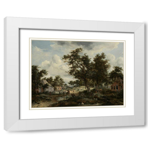 A Wooded Landscape with Travelers on a Path through a Hamlet White Modern Wood Framed Art Print with Double Matting by Hobbema, Meindert