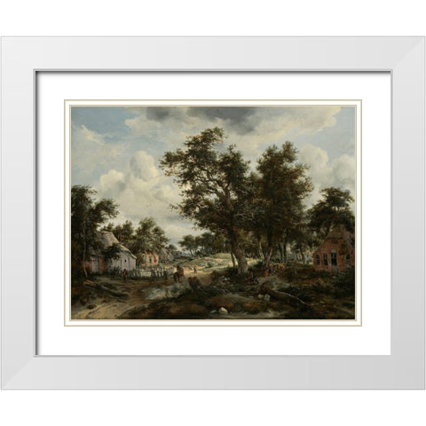 A Wooded Landscape with Travelers on a Path through a Hamlet White Modern Wood Framed Art Print with Double Matting by Hobbema, Meindert