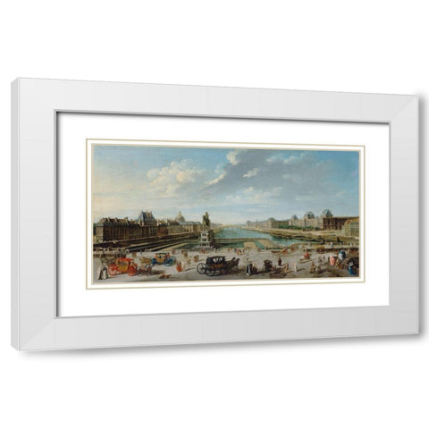A View of Paris from the Pont Neuf White Modern Wood Framed Art Print with Double Matting by Raguenet, Jean-Baptiste