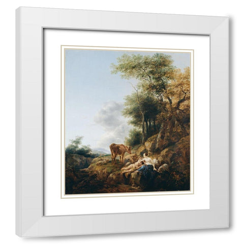 Landscape with a Nymph and a Satyr White Modern Wood Framed Art Print with Double Matting by Berchem, Nicolaes