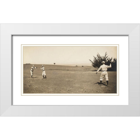 Three Boys With A Ball And Bat, Playing One Old Cat White Modern Wood Framed Art Print with Double Matting by A.G. Spalding Baseball Collection