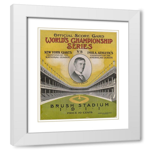 Offical Score Card  Worlds Championship Series -  New York Giants vs Philadelphia Athletics, 1880 White Modern Wood Framed Art Print with Double Matting by Stevens