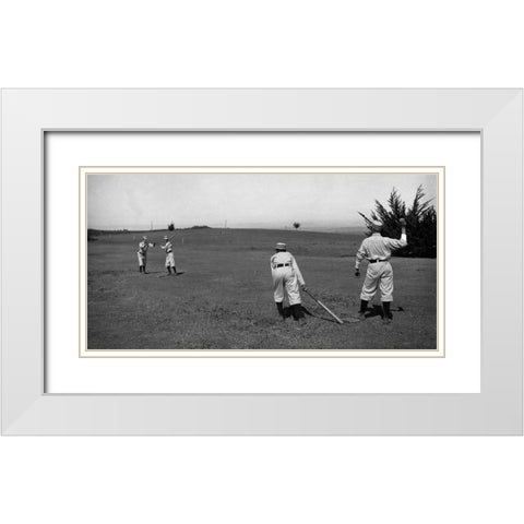 Four Boys With A Ball and Two Bats, Playing Two Old Cat White Modern Wood Framed Art Print with Double Matting by A.G. Spalding Baseball Collection