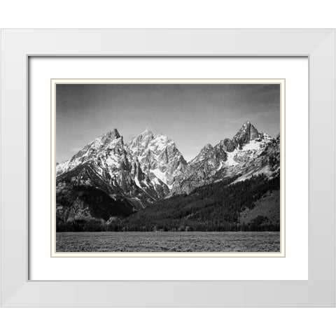 Grassy valley and snow covered peaks, Grand Teton National Park, Wyoming, 1941 White Modern Wood Framed Art Print with Double Matting by Adams, Ansel
