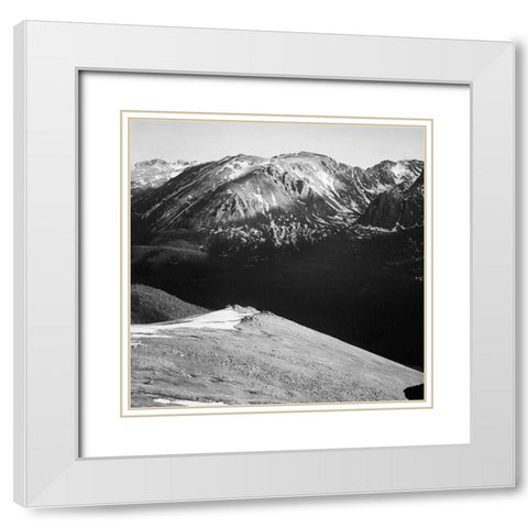 Panorama of barren mountains and shadowed valley,  in Rocky Mountain National Park, Colorado, ca. 19 White Modern Wood Framed Art Print with Double Matting by Adams, Ansel