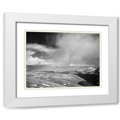 Mountain tops, low horizen, low hanging clouds,  in Rocky Mountain National Park, Colorado, ca. 1941 White Modern Wood Framed Art Print with Double Matting by Adams, Ansel