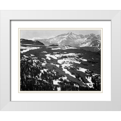 View of plateau, snow covered mountain in background, Longs Peak,  in Rocky Mountain National Park,  White Modern Wood Framed Art Print with Double Matting by Adams, Ansel