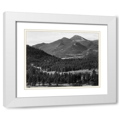 View with trees in foreground, barren mountains in background,  in Rocky Mountain National Park, Col White Modern Wood Framed Art Print with Double Matting by Adams, Ansel