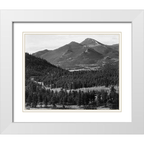 View with trees in foreground, barren mountains in background,  in Rocky Mountain National Park, Col White Modern Wood Framed Art Print with Double Matting by Adams, Ansel