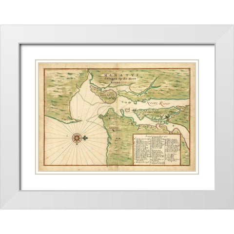 Map of New York City Region - Manatvs gelegen op de Noot Riuier, 1639 White Modern Wood Framed Art Print with Double Matting by Vinckeboons, Joan