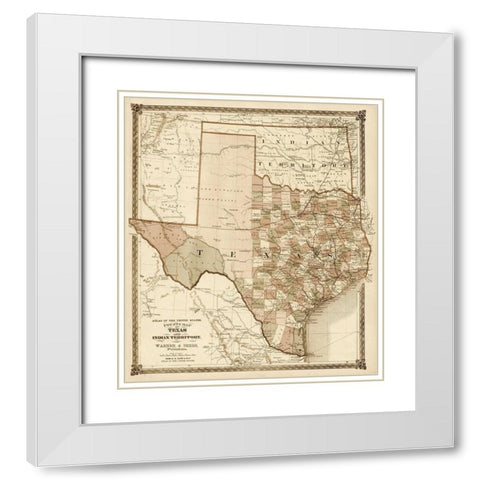 County Map of Texas, and Indian Territory, 1874 - Decorative Sepia White Modern Wood Framed Art Print with Double Matting by H.H. Lloyd & Co.