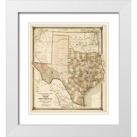 County Map of Texas, and Indian Territory, 1874 - Decorative Sepia White Modern Wood Framed Art Print with Double Matting by H.H. Lloyd & Co.