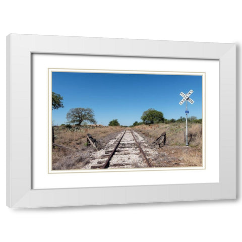 Lonely, little-used stretch of railroad tracks in the Texas Hill Country, near Burnet White Modern Wood Framed Art Print with Double Matting by Highmith, Carol