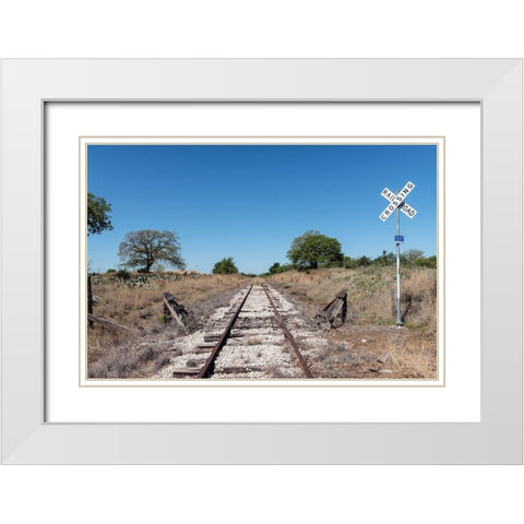 Lonely, little-used stretch of railroad tracks in the Texas Hill Country, near Burnet White Modern Wood Framed Art Print with Double Matting by Highmith, Carol