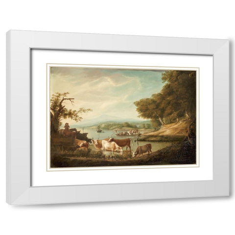 A Calm Watering Place Extensive and Boundless Scene with Cattle White Modern Wood Framed Art Print with Double Matting by Fisher, Alvan