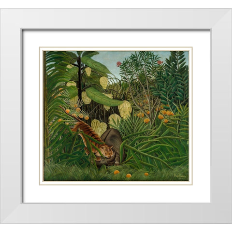 Fight between a Tiger and a Buffalo White Modern Wood Framed Art Print with Double Matting by Rousseau, Henri