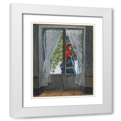 The Red Kerchief White Modern Wood Framed Art Print with Double Matting by Monet, Claude