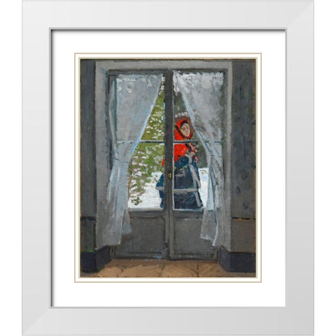 The Red Kerchief White Modern Wood Framed Art Print with Double Matting by Monet, Claude