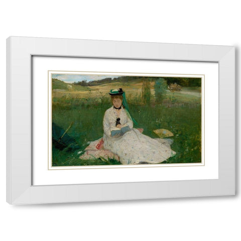Reading White Modern Wood Framed Art Print with Double Matting by Morisot, Berthe