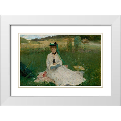 Reading White Modern Wood Framed Art Print with Double Matting by Morisot, Berthe