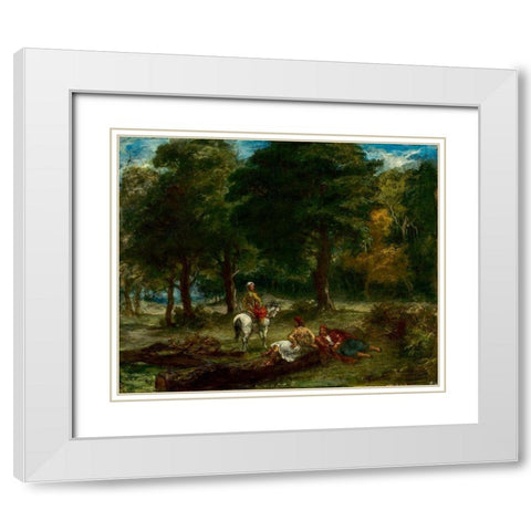 Greek Cavalry Men Resting in Forest White Modern Wood Framed Art Print with Double Matting by Delacroix, Eugene