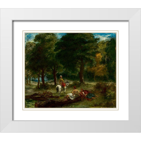 Greek Cavalry Men Resting in Forest White Modern Wood Framed Art Print with Double Matting by Delacroix, Eugene