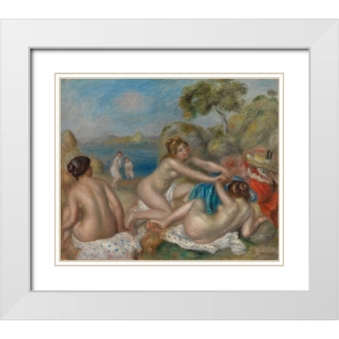 Bathers Playing with a Crab White Modern Wood Framed Art Print with Double Matting by Renoir, Pierre-Auguste