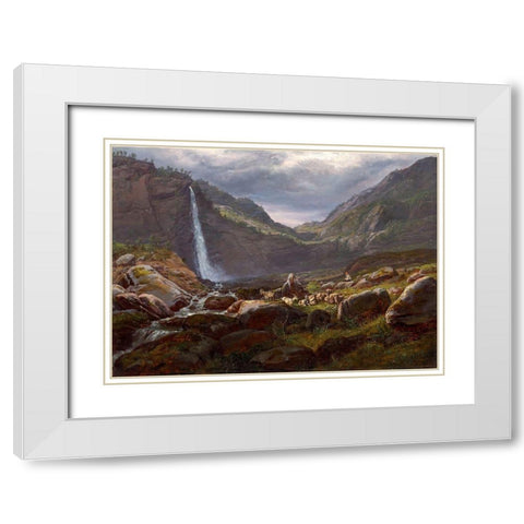 Feige Waterfall, Feigefossen, Lysterfjord, Norway White Modern Wood Framed Art Print with Double Matting by Dahl, Johan Christian Clausen