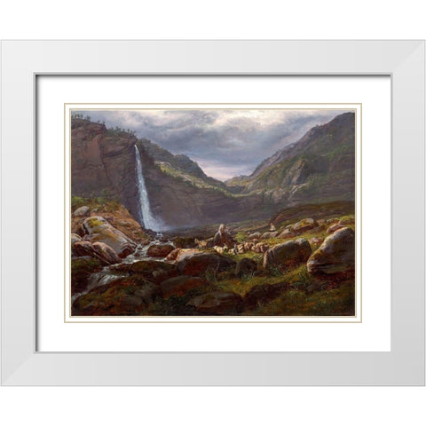 Feige Waterfall, Feigefossen, Lysterfjord, Norway White Modern Wood Framed Art Print with Double Matting by Dahl, Johan Christian Clausen