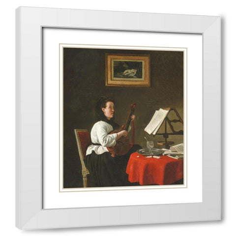 Young Woman with a Mandolin, Portrait of Louison Kohler White Modern Wood Framed Art Print with Double Matting by Bonvin, Francois