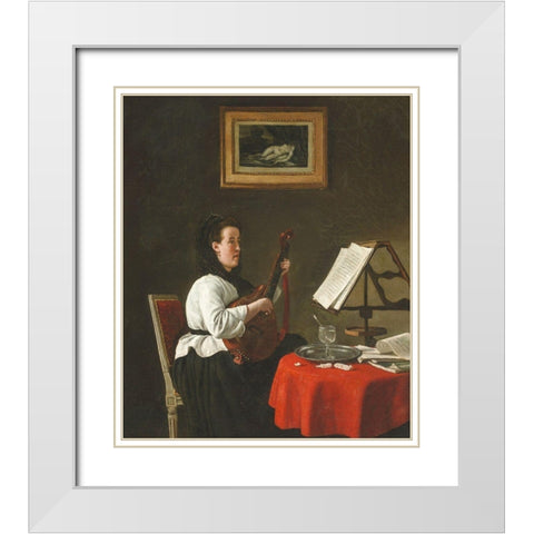 Young Woman with a Mandolin, Portrait of Louison Kohler White Modern Wood Framed Art Print with Double Matting by Bonvin, Francois