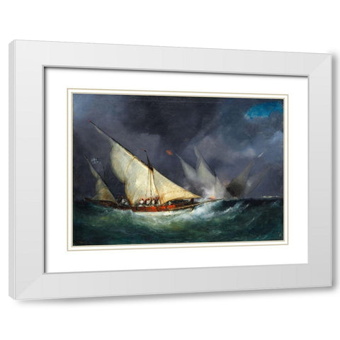 Greek Pirates Attacking a Turkish Vessel White Modern Wood Framed Art Print with Double Matting by France 19th Century