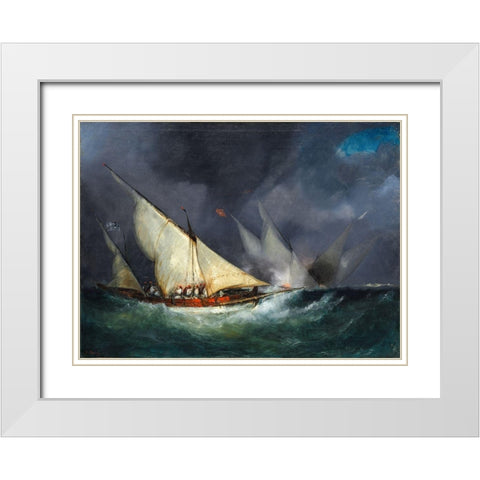 Greek Pirates Attacking a Turkish Vessel White Modern Wood Framed Art Print with Double Matting by France 19th Century