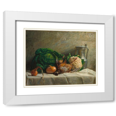Still Life with Vegetables, Partridge, and a Jug White Modern Wood Framed Art Print with Double Matting by Cals, Adolphe-Felix