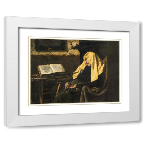 Old Woman Asleep White Modern Wood Framed Art Print with Double Matting by France 19th Century