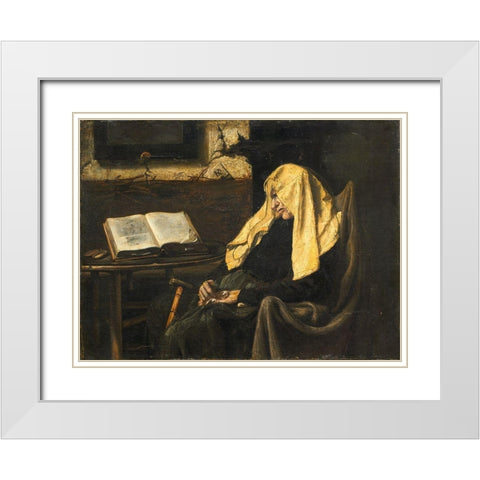 Old Woman Asleep White Modern Wood Framed Art Print with Double Matting by France 19th Century