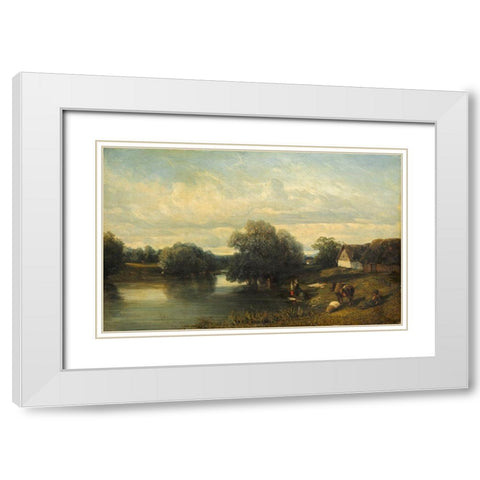 Cottage by the River with Washerwomen White Modern Wood Framed Art Print with Double Matting by Flers, Camille
