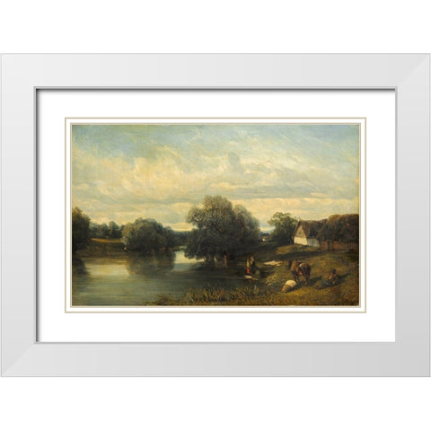 Cottage by the River with Washerwomen White Modern Wood Framed Art Print with Double Matting by Flers, Camille