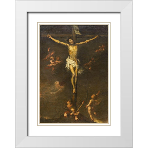 Crucifixion White Modern Wood Framed Art Print with Double Matting by Spain 19th Century
