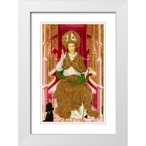 A Bishop Saint with a Donor White Modern Wood Framed Art Print with Double Matting by Spain 15th Century